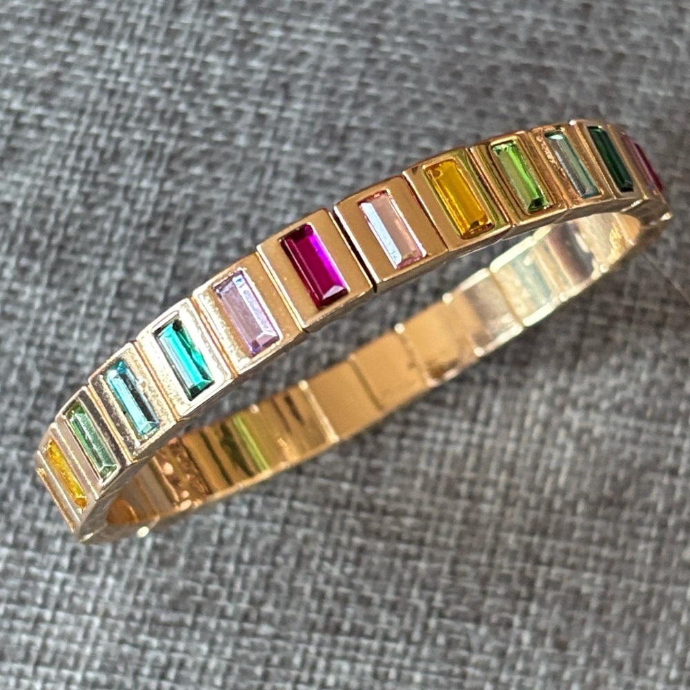 Gold Tone Stretch Bracelet w/ Multicolor Rainbow Baguette Cut Glass Stones